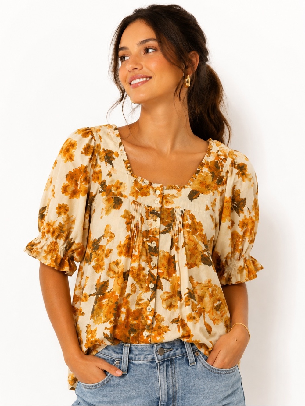 Rachel Roy Boho Yellow Floral Pleated Button Down Top Puff Balloon Sleeve S
